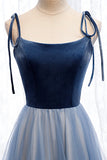 solvbao Blue Velvet Tulle Long Prom Dresses, A-Line Evening Dresses