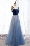 solvbao Blue Velvet Tulle Long Prom Dresses, A-Line Evening Dresses