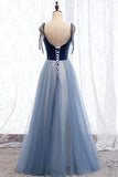 solvbao Blue Velvet Tulle Long Prom Dresses, A-Line Evening Dresses