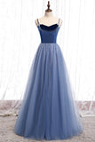 solvbao Blue Velvet Tulle Long Prom Dresses, Blue A-Line Evening Dresses