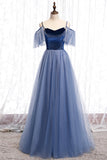 solvbao Blue Velvet Tulle Long Prom Dresses, Blue A-Line Evening Dresses