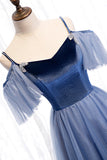 solvbao Blue Velvet Tulle Long Prom Dresses, Blue A-Line Evening Dresses