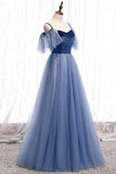 solvbao Blue Velvet Tulle Long Prom Dresses, Blue A-Line Evening Dresses