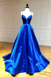 solvbao Blue V-Neck Satin Long Prom Dresses, A-Line Backless Evening Dresses