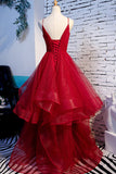 solvbao Red V-Neck Tulle Long Prom Dress, A-Line Evening Dress