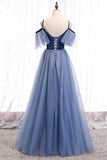 solvbao Blue Velvet Tulle Long Prom Dresses, Blue A-Line Evening Dresses