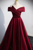 solvbao Burgundy Off the Shoulder Prom Dress, A-Line Evening Party Dress