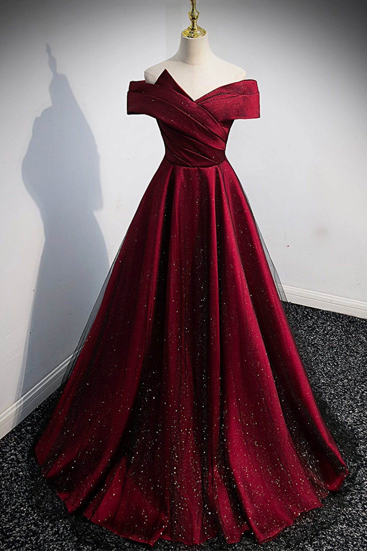 solvbao Burgundy Off the Shoulder Prom Dress, A-Line Evening Party Dress