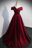 solvbao Burgundy Off the Shoulder Prom Dress, A-Line Evening Party Dress