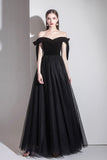 solvbao Black Tulle Off the Shoulder Prom Dress, Black A-Line Party Evening Dress