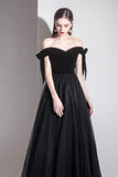 solvbao Black Tulle Off the Shoulder Prom Dress, Black A-Line Party Evening Dress