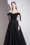 solvbao Black Tulle Off the Shoulder Prom Dress, Black A-Line Party Evening Dress