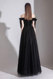 solvbao Black Tulle Off the Shoulder Prom Dress, Black A-Line Party Evening Dress