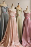 solvbao Simple Satin Long Prom Dresses, A-Line Spaghetti Straps Party Dresses