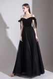 solvbao Black Tulle Off the Shoulder Prom Dress, Black A-Line Party Evening Dress