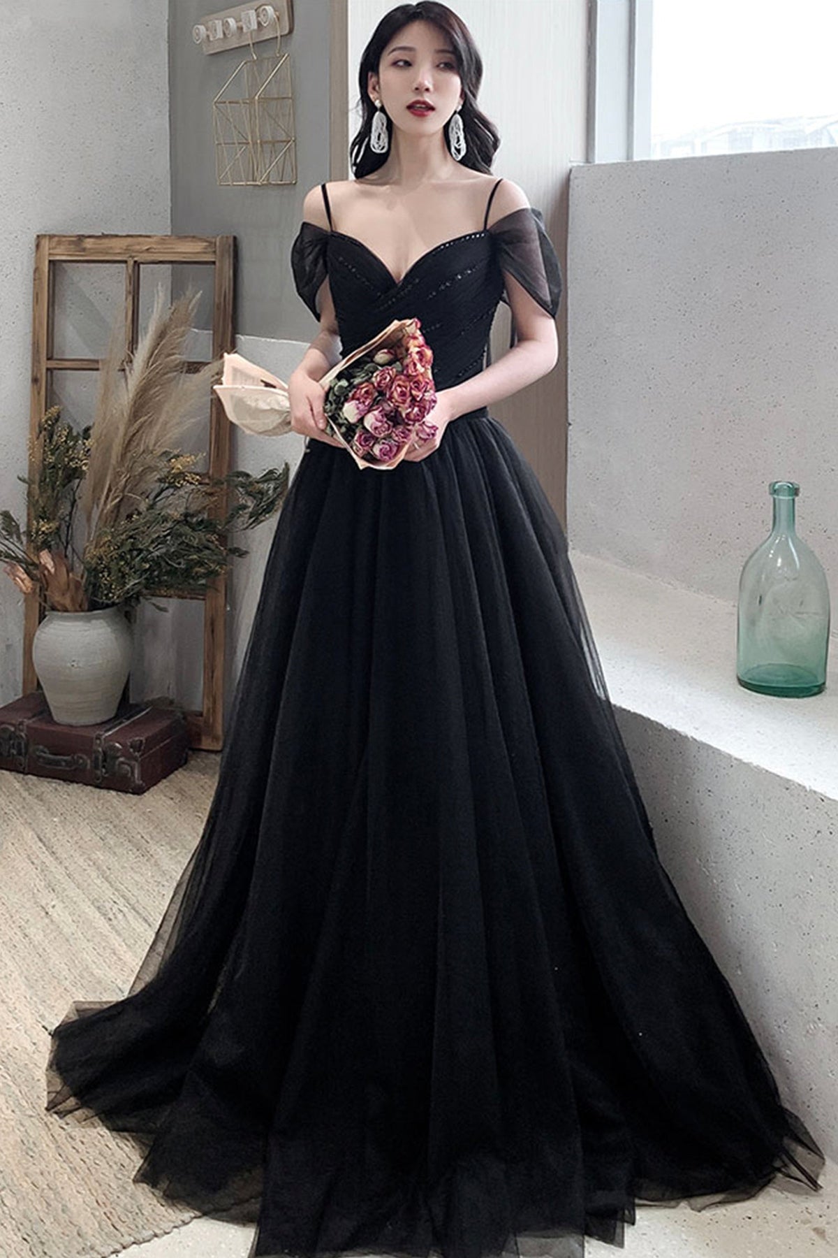 solvbao Black Tulle Long A-Line Prom Dresses, Off the Shoulder Evening Dresses