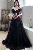 solvbao Black Tulle Long A-Line Prom Dresses, Off the Shoulder Evening Dresses