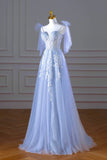 solvbao Blue Spaghetti Strap Tulle Lace Long Prom Dress, A-Line Evening Party Dress