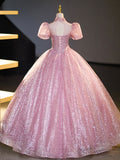 solvbao Pink Tulle and Lace Long Prom Dress with Sequins, Beautiful A-Line Sweet 16 Dress