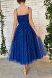 solvbao Blue Tulle Short Prom Dresses, A-Line Spaghetti Strap Evening Dresses