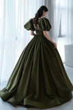 solvbao Green Satin Long A-Line Prom Dresses, Cute Puff Sleeves Evening Dresses