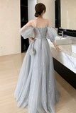 solvbao Gray Tulle Lace Long Prom Dresses, A-Line Evening Dresses