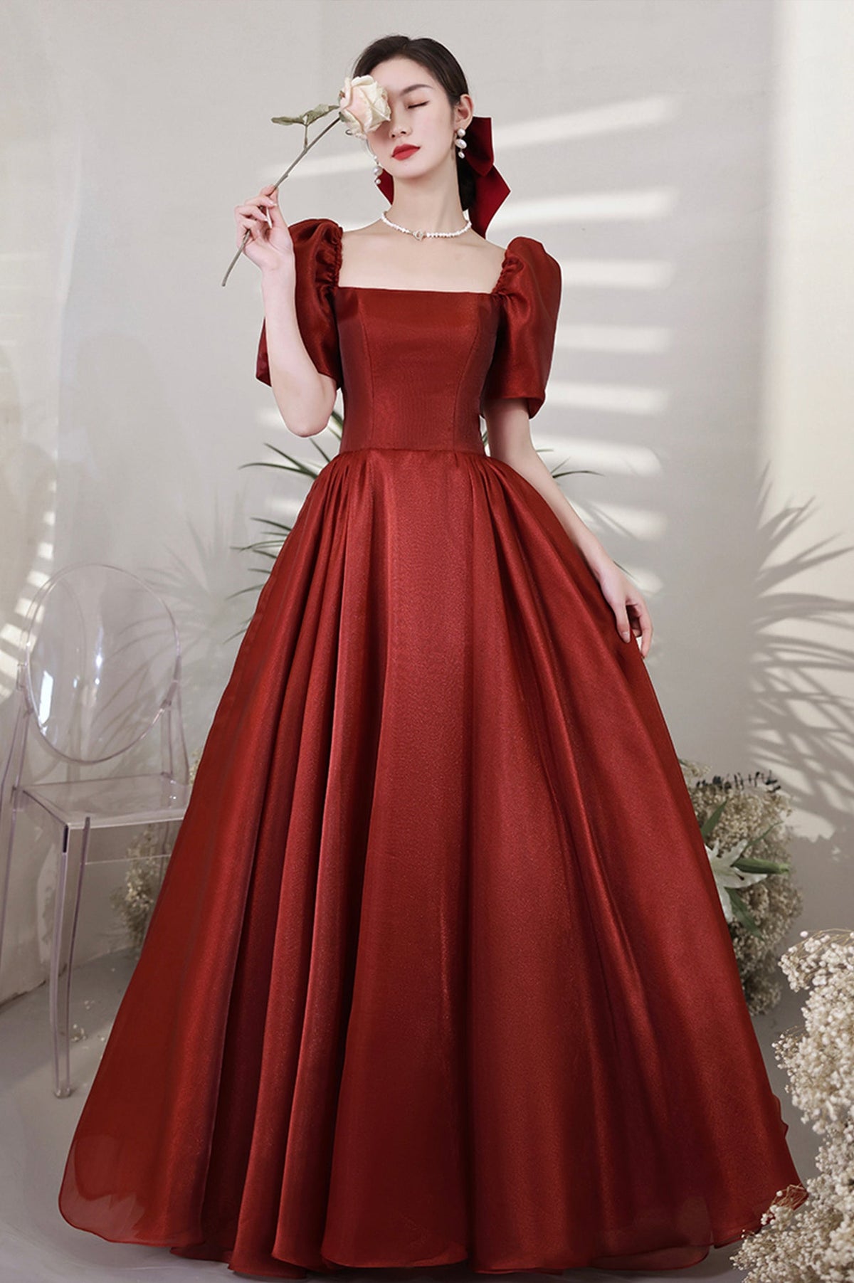 solvbao Burgundy Satin Long Prom Dresses, A-Line Short Sleeve Evening Dresses