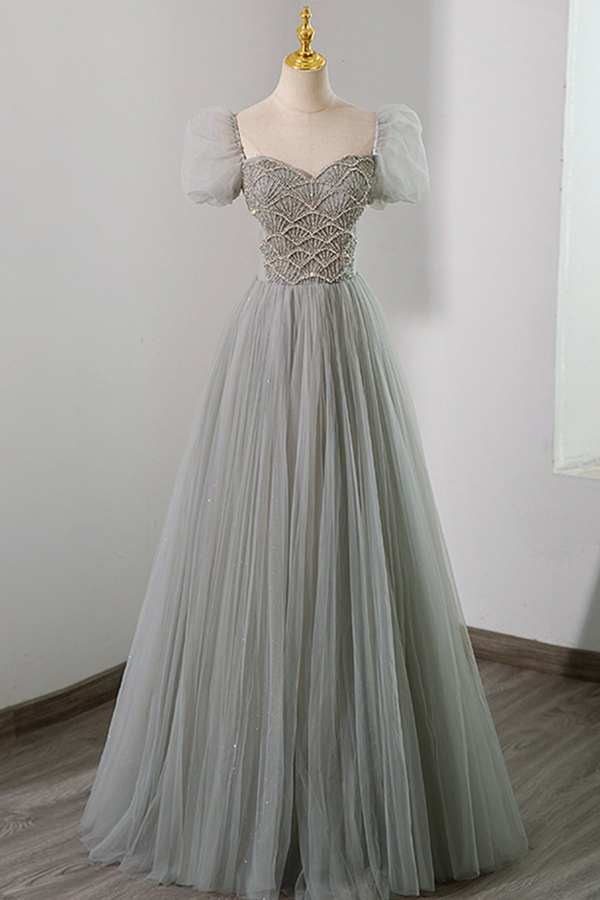 solvbao Gray Tulle Beading Long Prom Dress, A-Line Short Sleeve Evening Dress