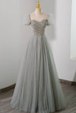 solvbao Gray Tulle Beading Long Prom Dress, A-Line Short Sleeve Evening Dress