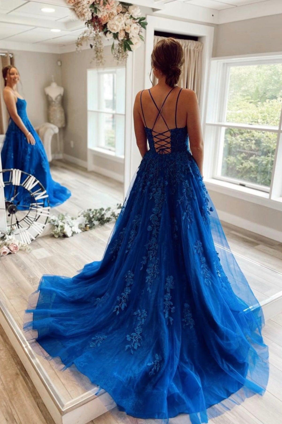 solvbao Blue Lace Long Prom Dresses, A-Line Backless Evening Party Dress