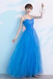 solvbao Blue Tulle Long Prom Dresses, A-Line Evening Dresses