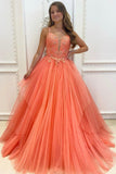 solvbao Orange Tulle Lace Long Prom Dresses, A-Line Evening Dresses