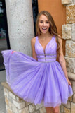 solvbao Purple Tulle Short Prom Dresses, A-Line Party Evening Dresses