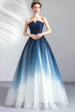 solvbao Blue Gradient Tulle Long Party Dresses, A-Line Elegant Lace-Up Prom Dresses