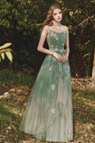 solvbao Green Spaghetti Strap Tulle Lace Long Prom Dress, Lovely A-Line Evening Dress