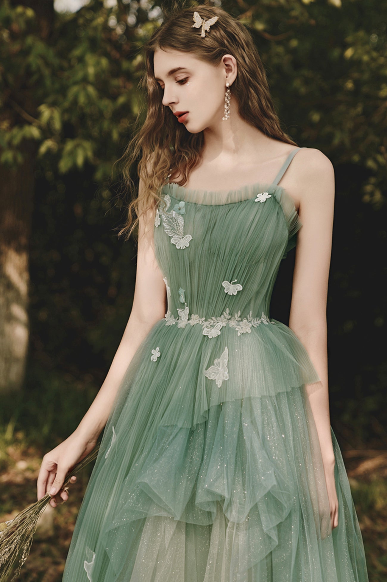 solvbao Green Spaghetti Strap Tulle Lace Long Prom Dress, Lovely A-Line Evening Dress