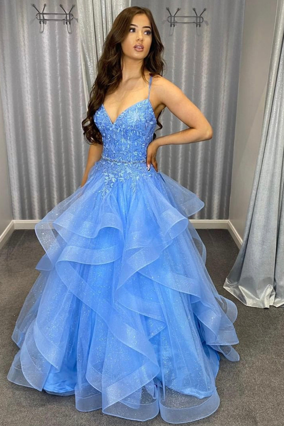 solvbao Blue Tulle Lace Long Prom Dresses, A-Line Evening Dresses