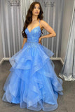 solvbao Blue Tulle Lace Long Prom Dresses, A-Line Evening Dresses