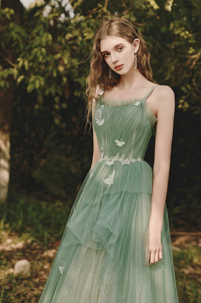 solvbao Green Spaghetti Strap Tulle Lace Long Prom Dress, Lovely A-Line Evening Dress