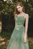 solvbao Green Spaghetti Strap Tulle Lace Long Prom Dress, Lovely A-Line Evening Dress