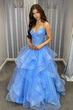 solvbao Blue Tulle Lace Long Prom Dresses, A-Line Evening Dresses