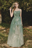 solvbao Green Spaghetti Strap Tulle Lace Long Prom Dress, Lovely A-Line Evening Dress