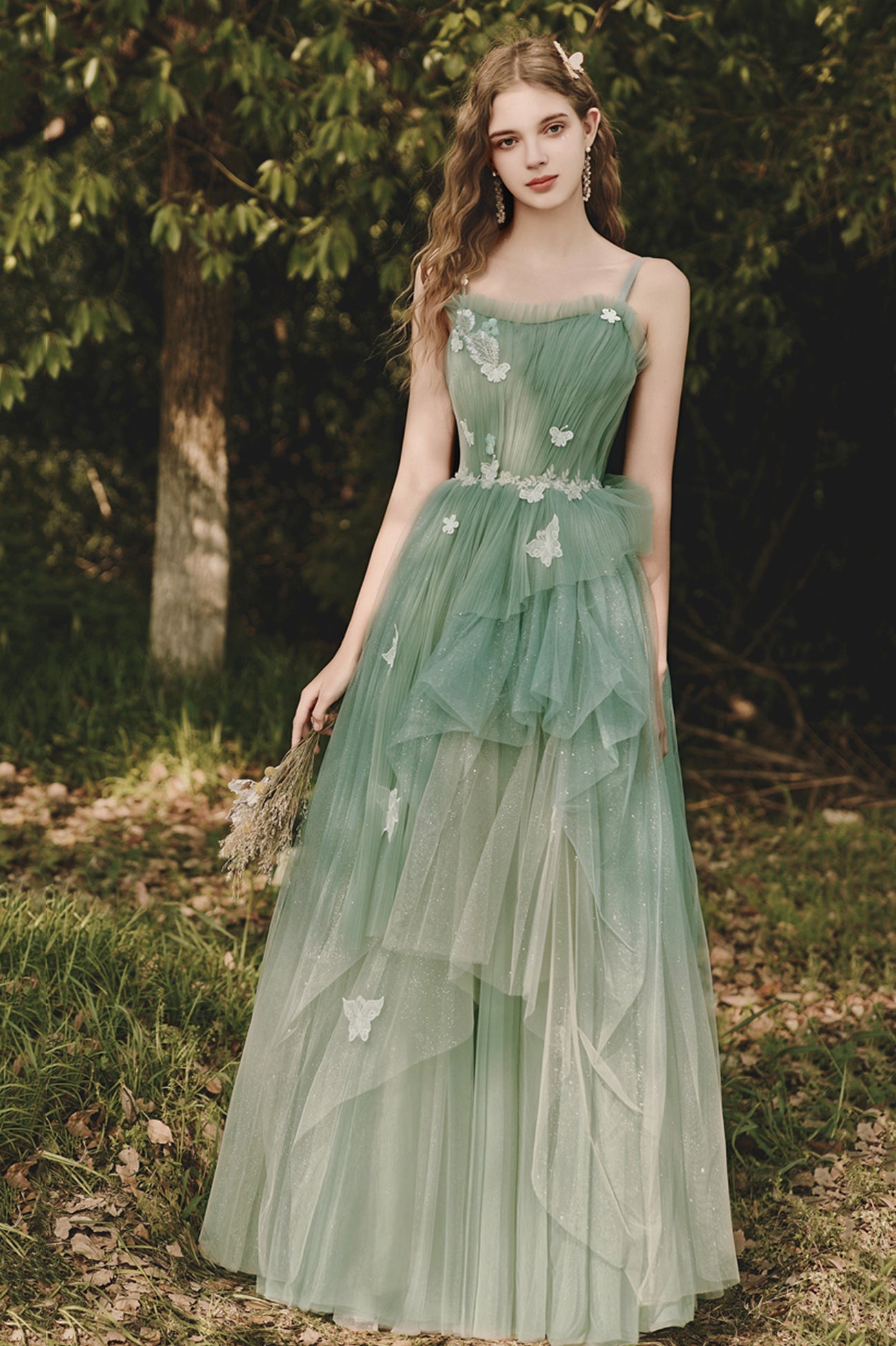 solvbao Green Spaghetti Strap Tulle Lace Long Prom Dress, Lovely A-Line Evening Dress