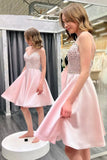 solvbao Pink Satin Beaded Short Prom Dress, Cute A-Line Backless Party Dress