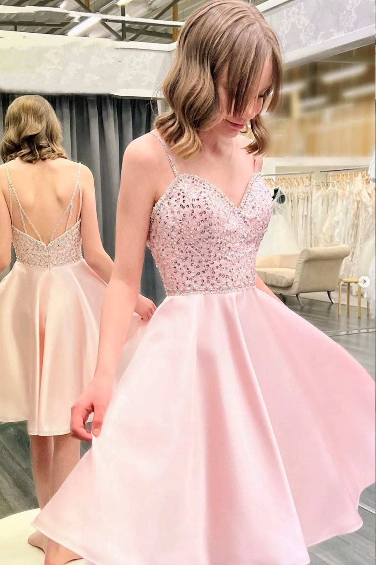 solvbao Pink Satin Beaded Short Prom Dress, Cute A-Line Backless Party Dress