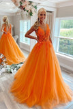 solvbao Orange Tulle Lace Long Prom Dresses, V-Neck Evening Dresses