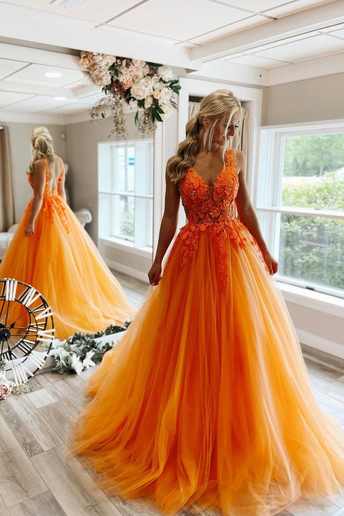 solvbao Orange Tulle Lace Long Prom Dresses, V-Neck Evening Dresses