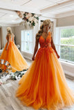 solvbao Orange Tulle Lace Long Prom Dresses, V-Neck Evening Dresses