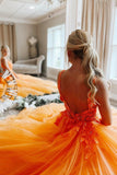 solvbao Orange Tulle Lace Long Prom Dresses, V-Neck Evening Dresses