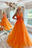 solvbao Orange Tulle Lace Long Prom Dresses, V-Neck Evening Dresses